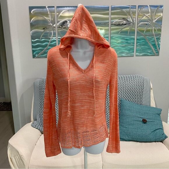 Hooked Up by lOT Peach Mal Open Knit V-Neck Hooded Sweater Size Small - Picture 5 of 13
